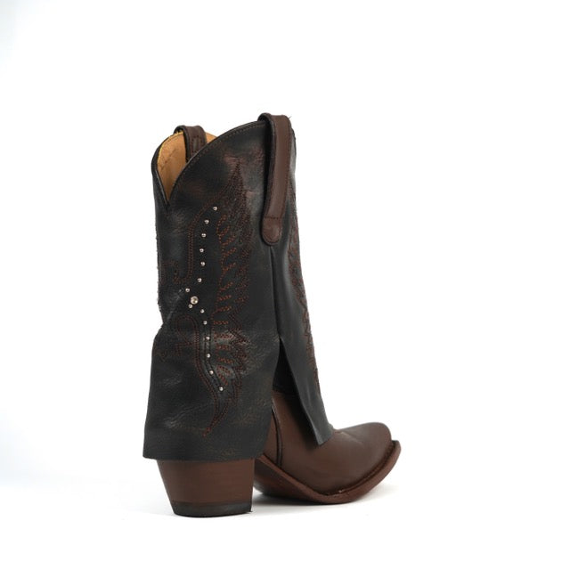 854 PONDEROSA BROWN WOMEN’S BROWN WESTERN COWGIRL BOOTS – LEATHER COWGIRL BOOTS WITH STUD DETAIL CUFFED DESIGN