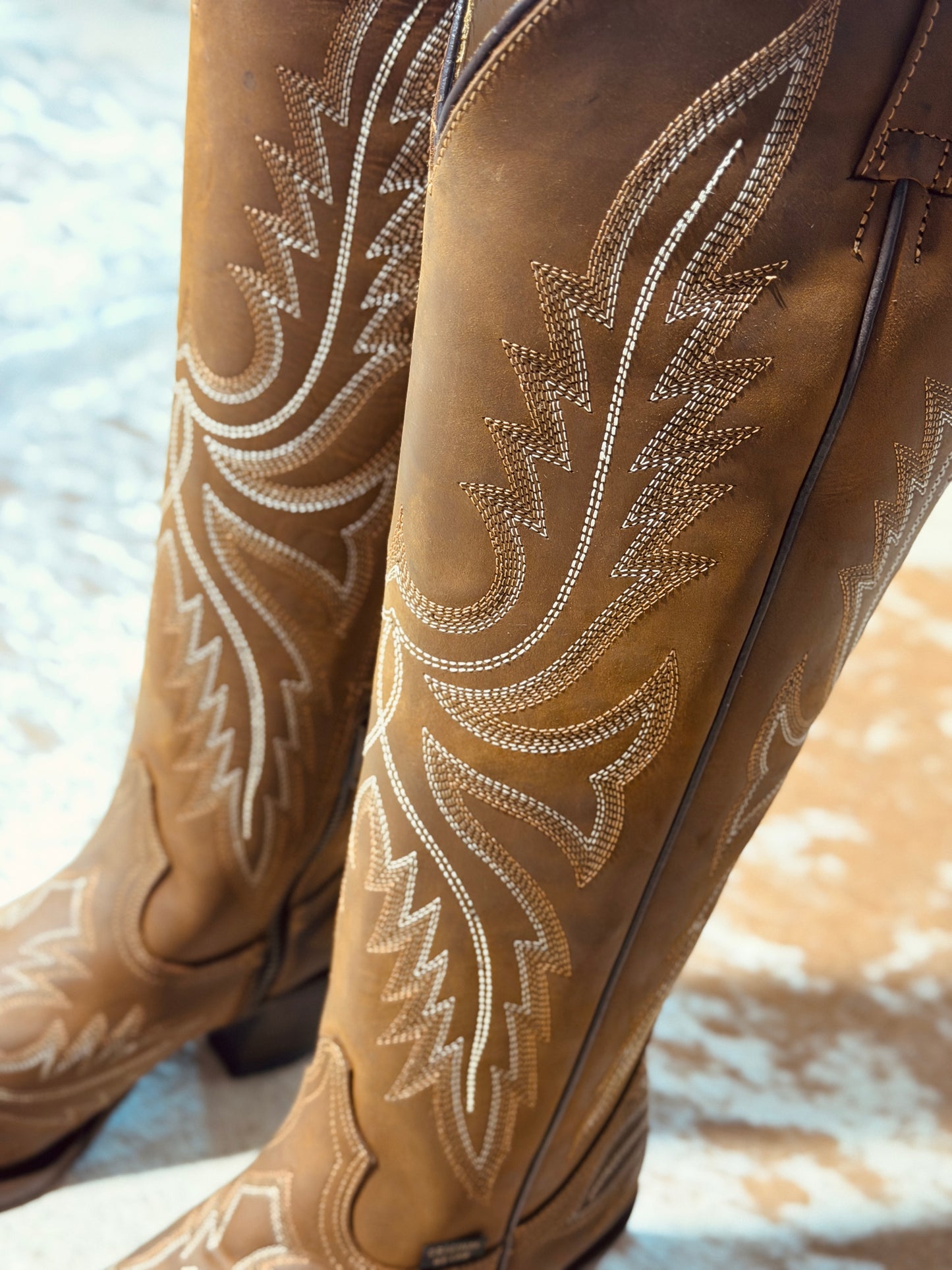 858 CRAZY TAN LEATHER COWGIRL BOOTS – TALL KNEE-HIGH WESTERN EMBROIDERED BOOTS FOR WOMEN