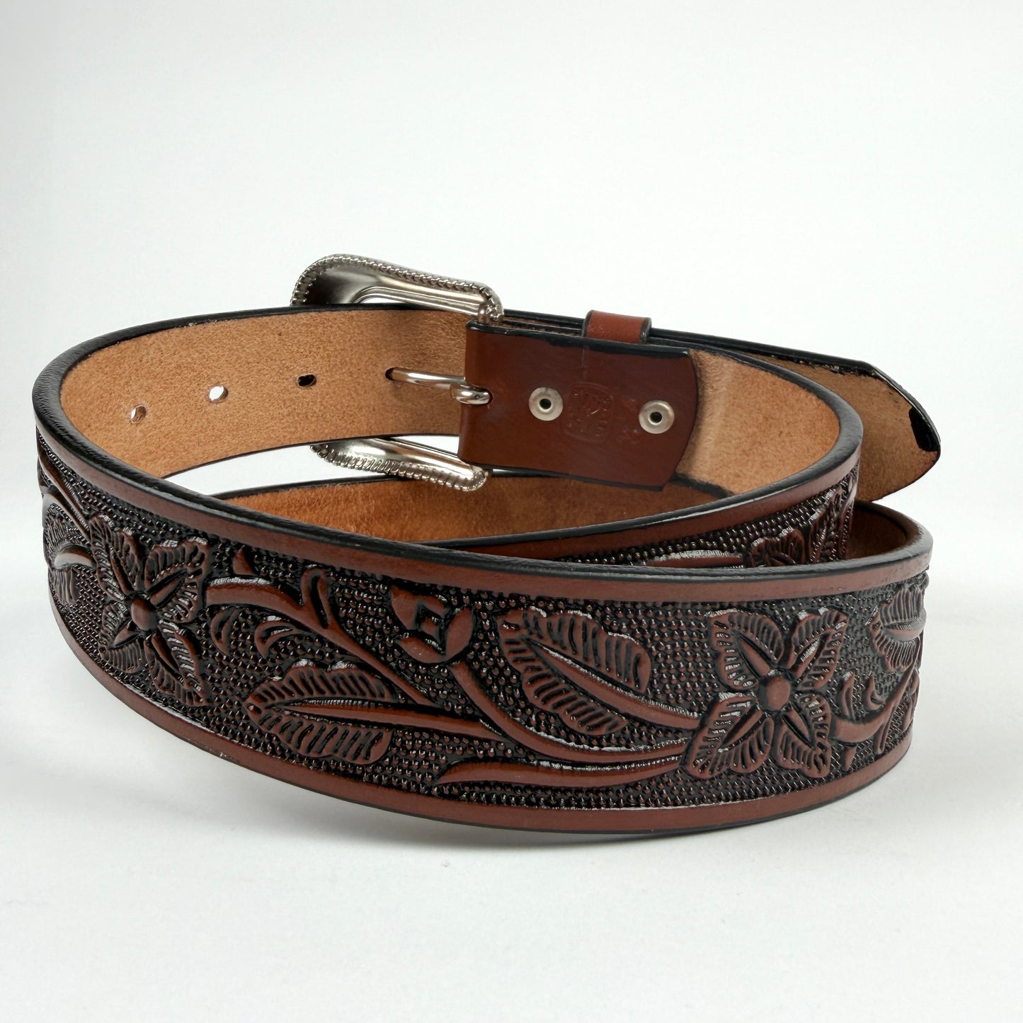 WOMENS WESTERN FLORAL TOOLED LEATHER BELT WITH ENGRAVED BUCKLE 003 FLOR CAFE REGULAR BUCKLE