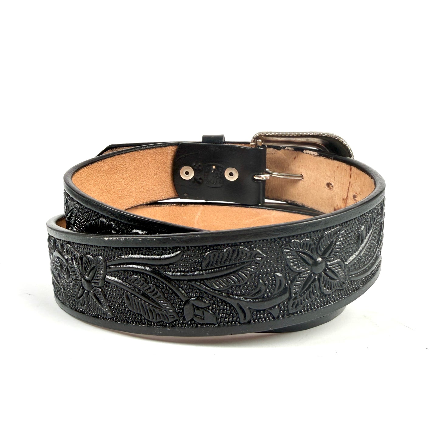 WOMENS WESTERN CLASSIC WESTERN BLACK LEATHER BELT FLORAL TOOLED DESIGN 003 FLOR NEGRO