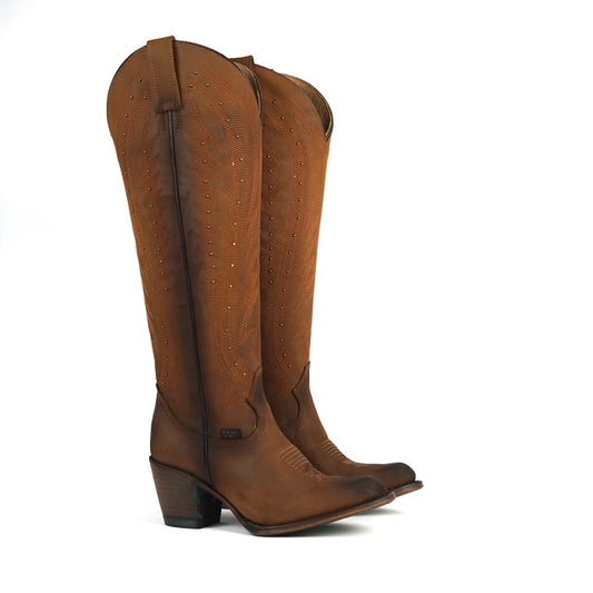 318 CRAZY TAN WOMEN’S TAN LEATHER WESTERN BOOTS – KNEE-HIGH COWGIRL BOOTS WITH STUD DETAIL