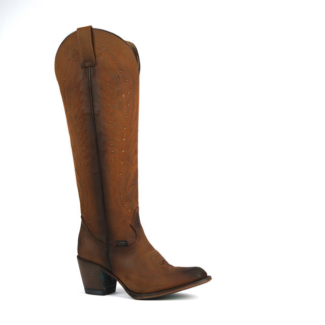 318 CRAZY TAN WOMEN’S TAN LEATHER WESTERN BOOTS – KNEE-HIGH COWGIRL BOOTS WITH STUD DETAIL