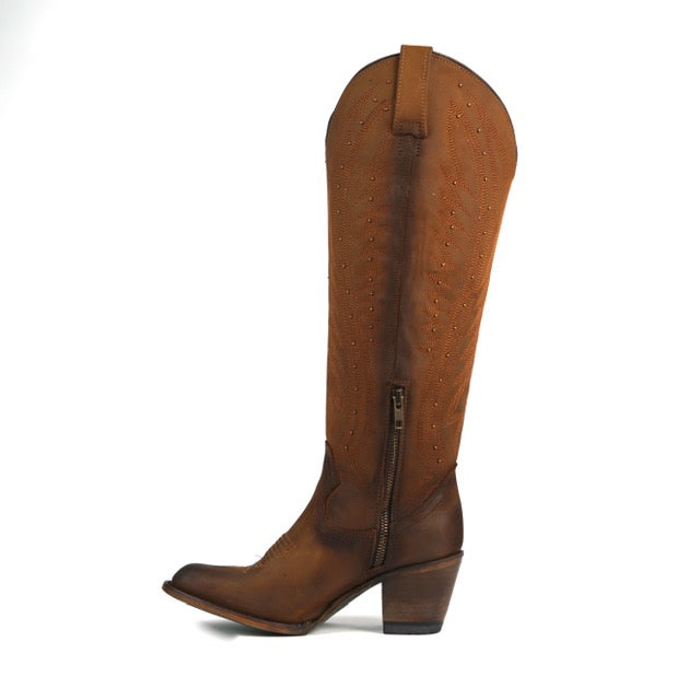 318 CRAZY TAN WOMEN’S TAN LEATHER WESTERN BOOTS – KNEE-HIGH COWGIRL BOOTS WITH STUD DETAIL