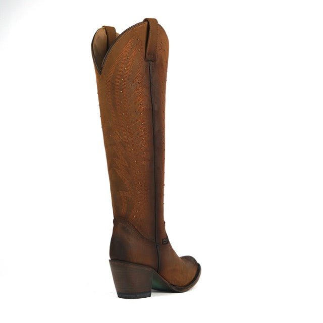 318 CRAZY TAN WOMEN’S TAN LEATHER WESTERN BOOTS – KNEE-HIGH COWGIRL BOOTS WITH STUD DETAIL