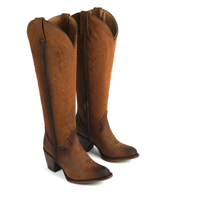 318 CRAZY TAN WOMEN’S TAN LEATHER WESTERN BOOTS – KNEE-HIGH COWGIRL BOOTS WITH STUD DETAIL