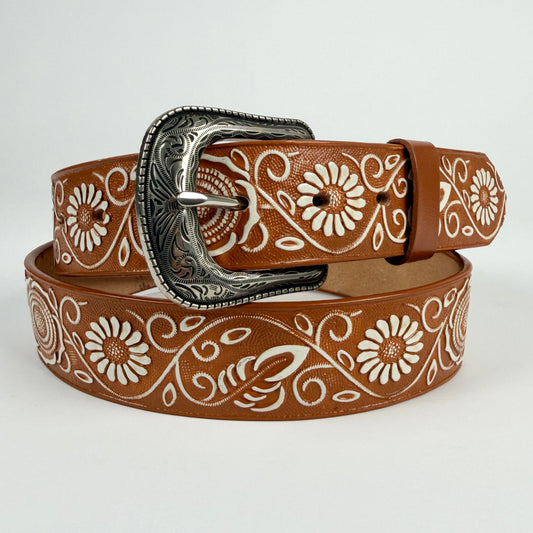 WESTERN FLORAL TOOLED LEATHER BELT WITH ENGRAVED SILVER BUCKLE – TAN & WHITE EMBOSSED DESIGN 003 MIEL