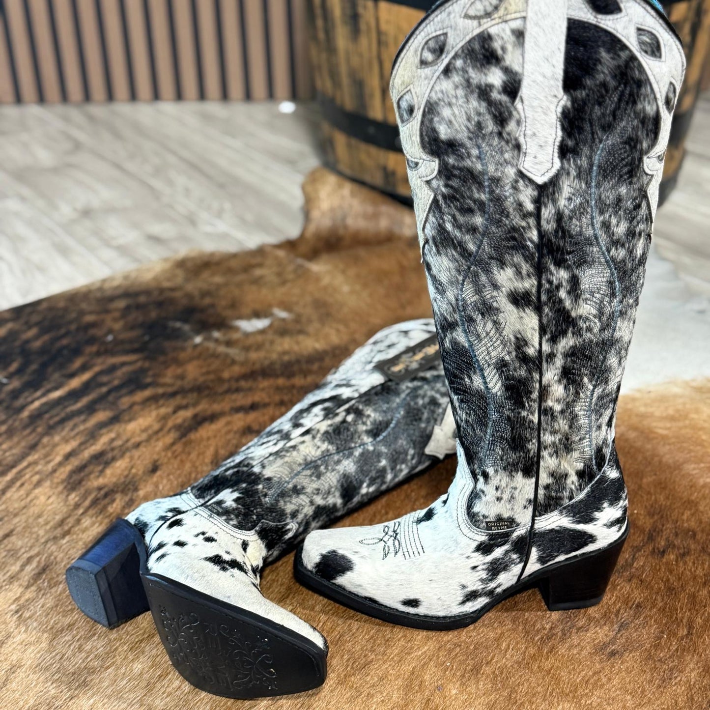 858 CP PELO MORO Womens Tall Elegant Hair On Hide Western Cowgirl Boot Snip Toe Block Heel