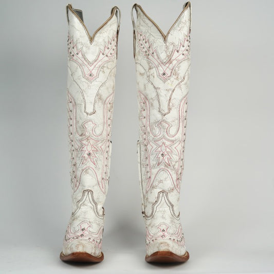 821 CRAQUELADO BLANCO WOMEN’S WHITE CRACKLE LEATHER WESTERN BOOTS – KNEE-HIGH COWGIRL BOOTS WITH STITCH DETAIL