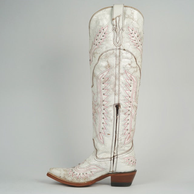 821 CRAQUELADO BLANCO WOMEN’S WHITE CRACKLE LEATHER WESTERN BOOTS – KNEE-HIGH COWGIRL BOOTS WITH STITCH DETAIL