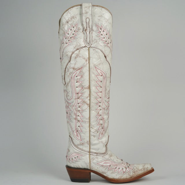 821 CRAQUELADO BLANCO WOMEN’S WHITE CRACKLE LEATHER WESTERN BOOTS – KNEE-HIGH COWGIRL BOOTS WITH STITCH DETAIL