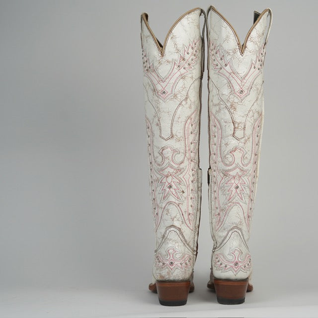 821 CRAQUELADO BLANCO WOMEN’S WHITE CRACKLE LEATHER WESTERN BOOTS – KNEE-HIGH COWGIRL BOOTS WITH STITCH DETAIL