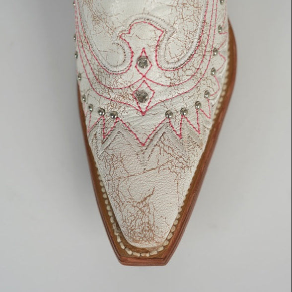 821 CRAQUELADO BLANCO WOMEN’S WHITE CRACKLE LEATHER WESTERN BOOTS – KNEE-HIGH COWGIRL BOOTS WITH STITCH DETAIL