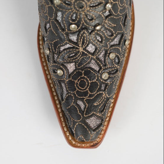 821 JENNIFER WOMEN’S BLACK FLORAL EMBROIDERED WESTERN BOOTS COWGIRL BOOTS WITH METALLIC DETAIL