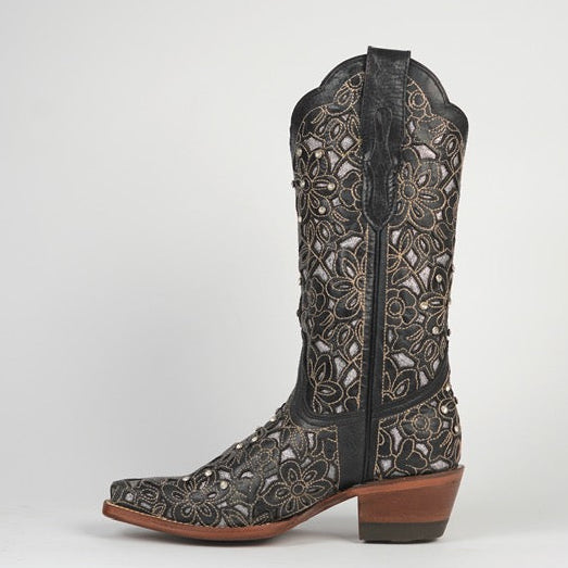 821 JENNIFER WOMEN’S BLACK FLORAL EMBROIDERED WESTERN BOOTS COWGIRL BOOTS WITH METALLIC DETAIL