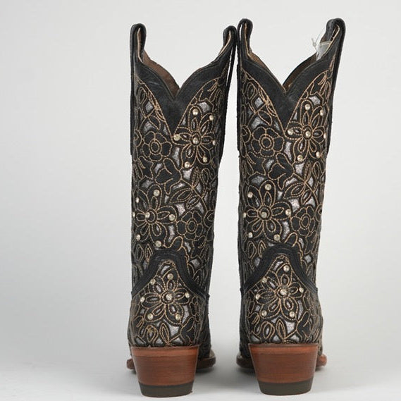 821 JENNIFER WOMEN’S BLACK FLORAL EMBROIDERED WESTERN BOOTS COWGIRL BOOTS WITH METALLIC DETAIL