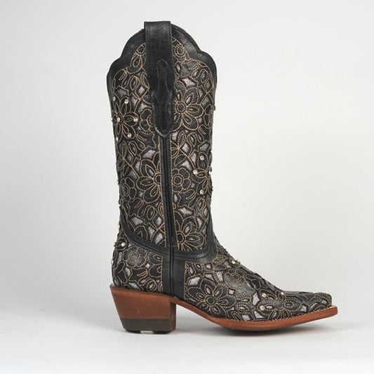 821 JENNIFER WOMEN’S BLACK FLORAL EMBROIDERED WESTERN BOOTS COWGIRL BOOTS WITH METALLIC DETAIL
