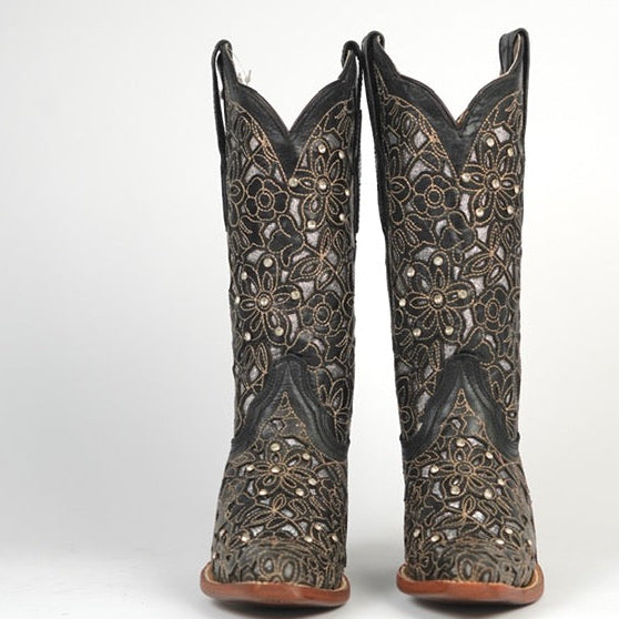 821 JENNIFER WOMEN’S BLACK FLORAL EMBROIDERED WESTERN BOOTS COWGIRL BOOTS WITH METALLIC DETAIL