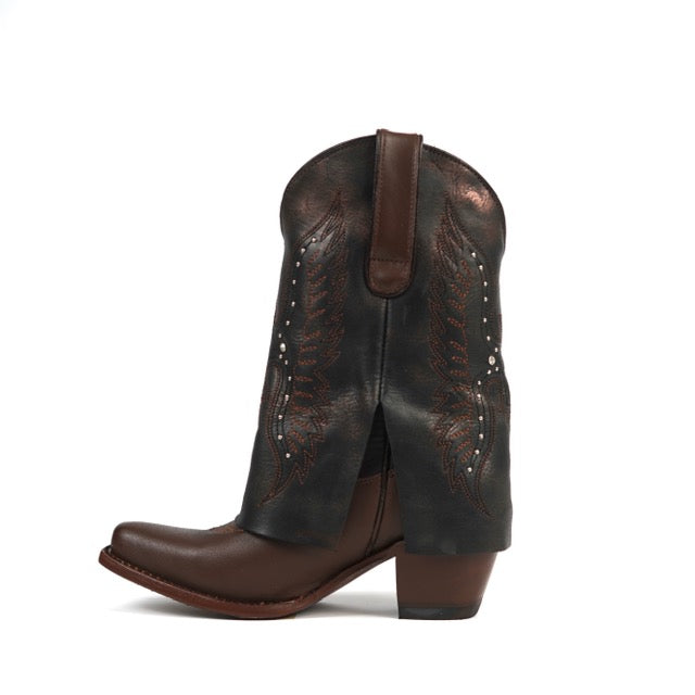 854 PONDEROSA BROWN WOMEN’S BROWN WESTERN COWGIRL BOOTS – LEATHER COWGIRL BOOTS WITH STUD DETAIL CUFFED DESIGN