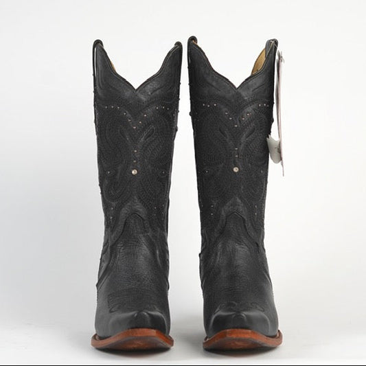 DALLAS NEGRO WOMEN’S BLACK LEATHER WESTERN BOOTS – COWGIRL BOOTS WITH STUD DETAIL
