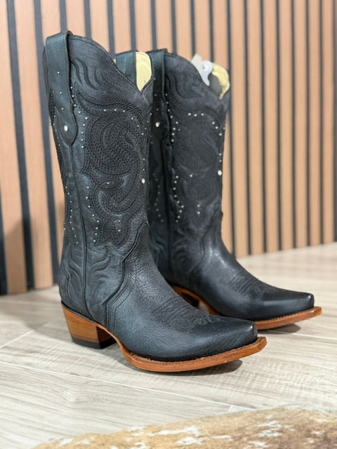 DALLAS NEGRO WOMEN’S BLACK LEATHER WESTERN BOOTS – COWGIRL BOOTS WITH STUD DETAIL