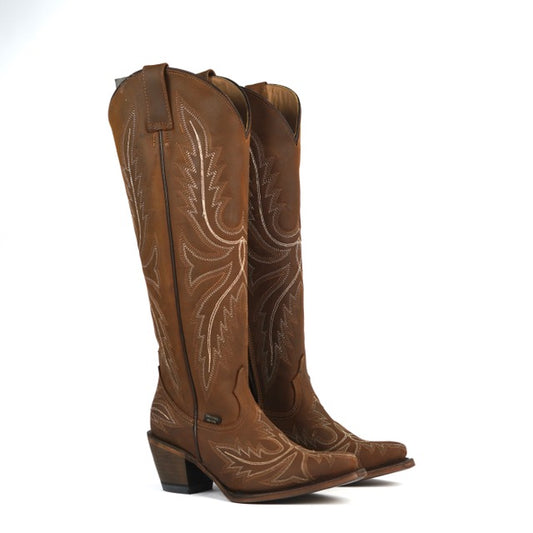 858 CRAZY TAN LEATHER COWGIRL BOOTS – TALL KNEE-HIGH WESTERN EMBROIDERED BOOTS FOR WOMEN