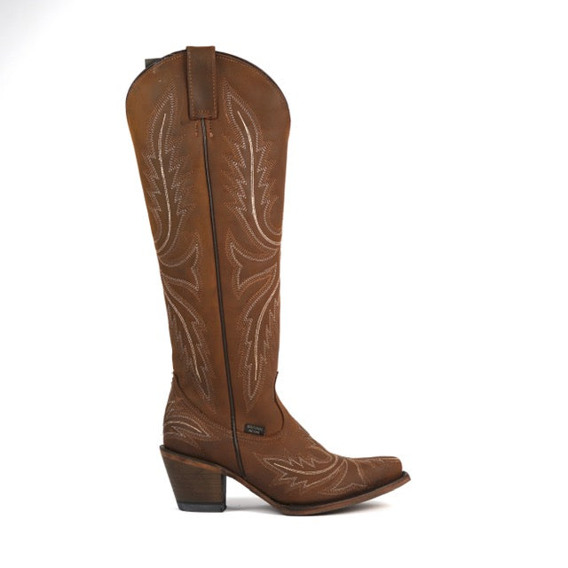 858 CRAZY TAN LEATHER COWGIRL BOOTS – TALL KNEE-HIGH WESTERN EMBROIDERED BOOTS FOR WOMEN