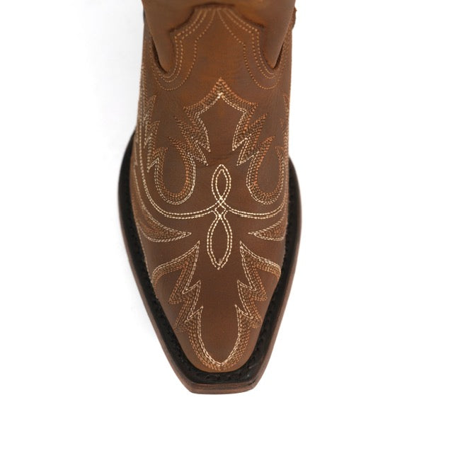 858 CRAZY TAN LEATHER COWGIRL BOOTS – TALL KNEE-HIGH WESTERN EMBROIDERED BOOTS FOR WOMEN