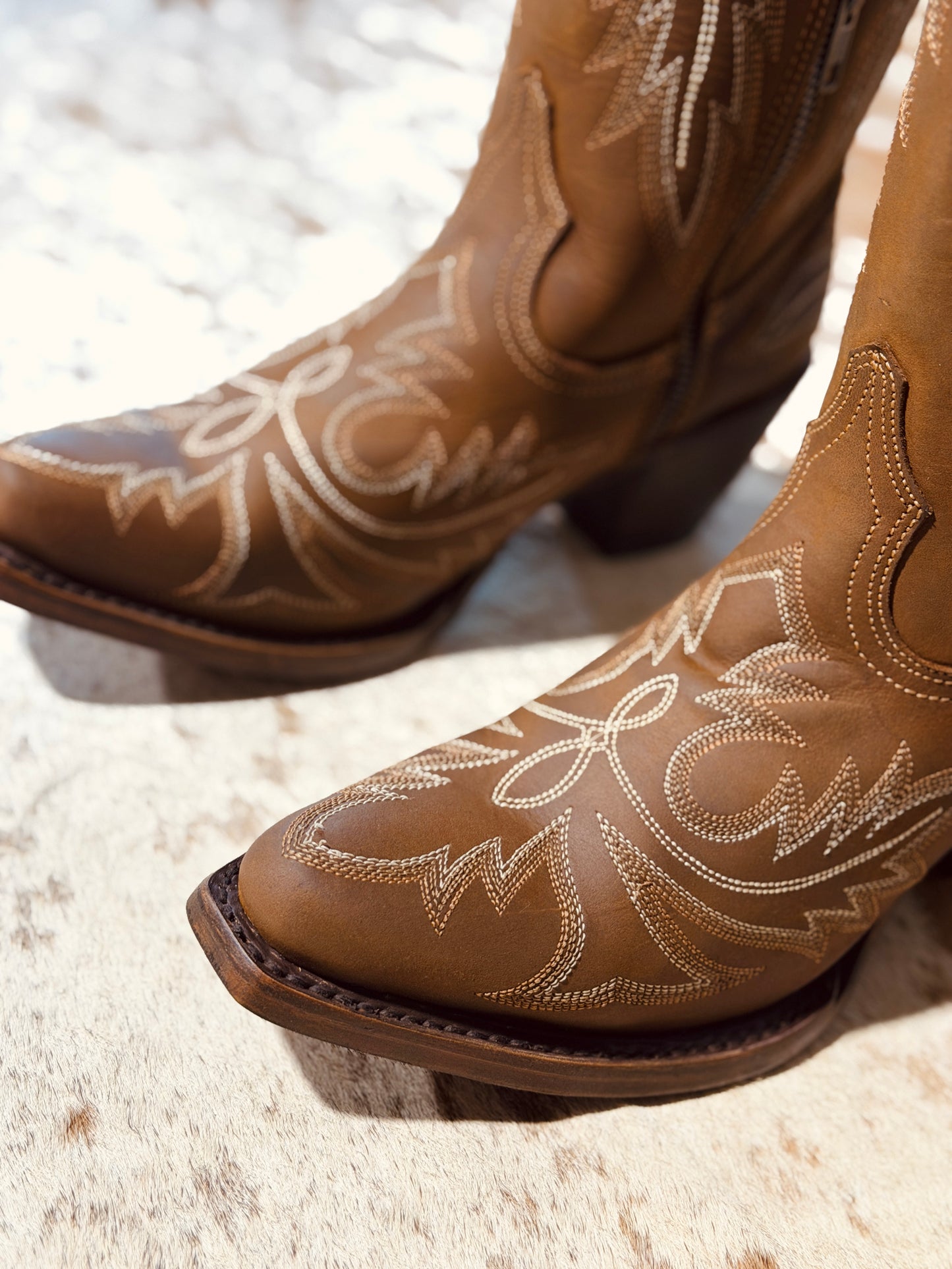 858 CRAZY TAN LEATHER COWGIRL BOOTS – TALL KNEE-HIGH WESTERN EMBROIDERED BOOTS FOR WOMEN