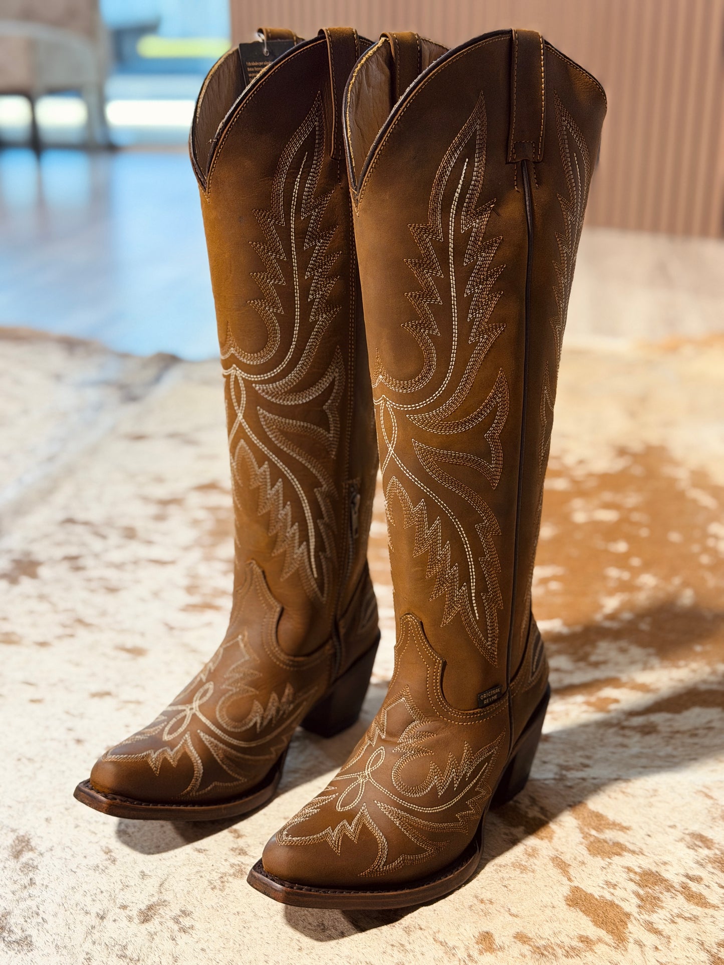858 CRAZY TAN LEATHER COWGIRL BOOTS – TALL KNEE-HIGH WESTERN EMBROIDERED BOOTS FOR WOMEN