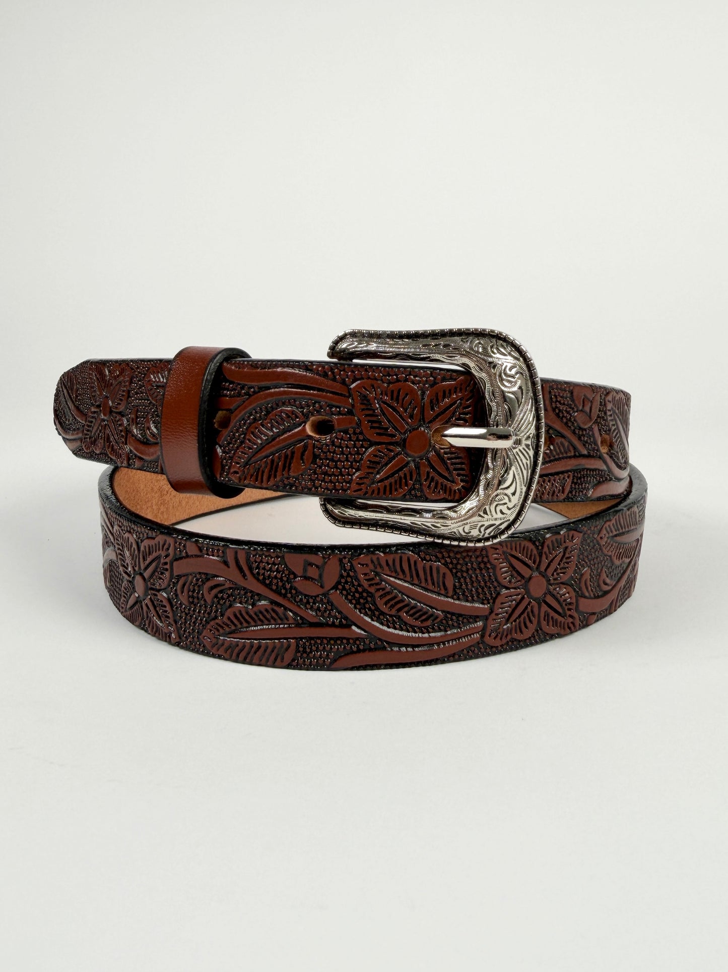 1" TOOLED LEATHER WESTERN BELT FOR WOMEN BROWN COWGIRL BELT FLORAL EMBOSSED BELT SLIM LEATHER BELT 004 TULIPAN CAFE