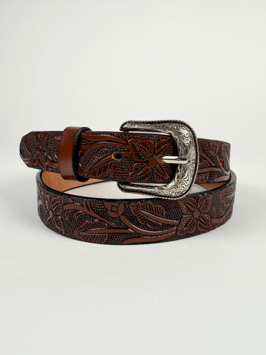 1" TOOLED LEATHER WESTERN BELT FOR WOMEN BROWN COWGIRL BELT FLORAL EMBOSSED BELT SLIM LEATHER BELT 004 TULIPAN CAFE