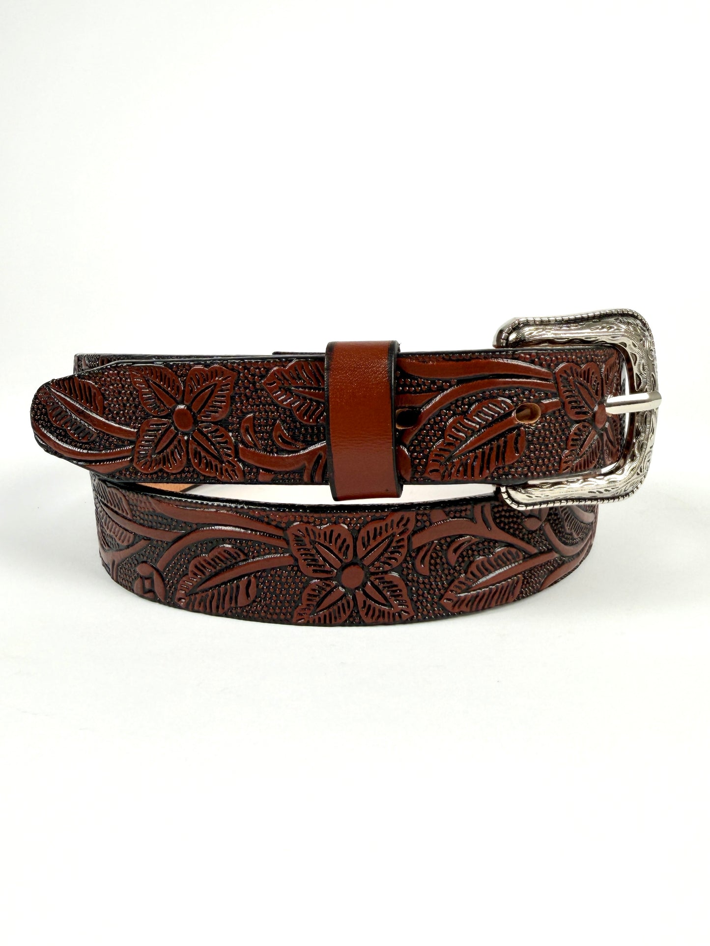 1" TOOLED LEATHER WESTERN BELT FOR WOMEN BROWN COWGIRL BELT FLORAL EMBOSSED BELT SLIM LEATHER BELT 004 TULIPAN CAFE