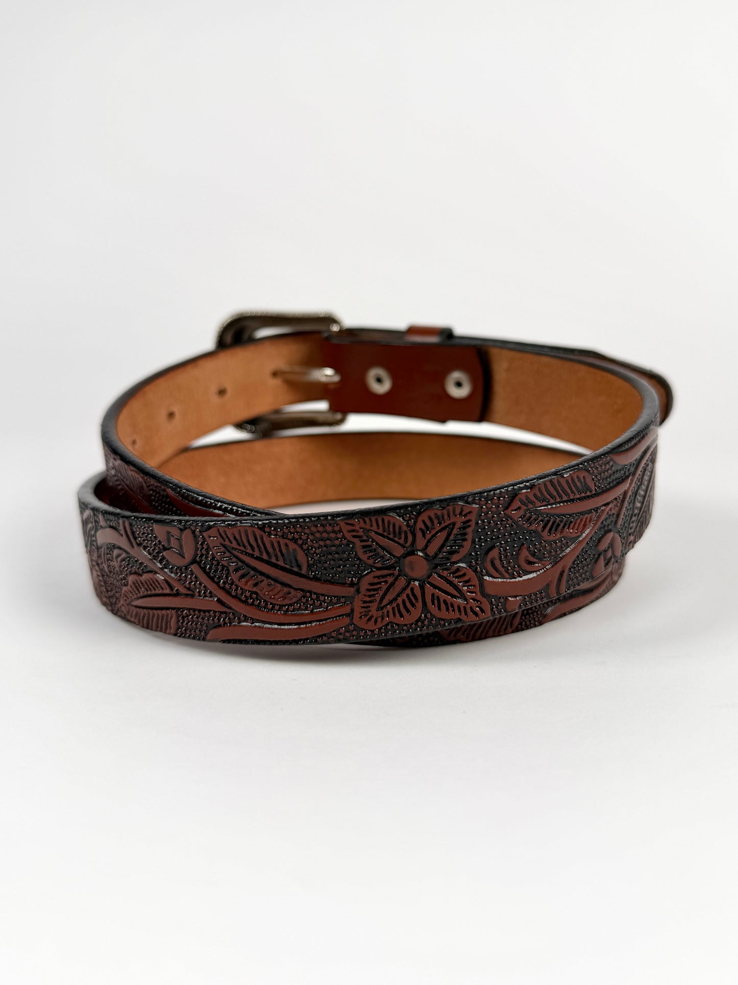 1" TOOLED LEATHER WESTERN BELT FOR WOMEN BROWN COWGIRL BELT FLORAL EMBOSSED BELT SLIM LEATHER BELT 004 TULIPAN CAFE