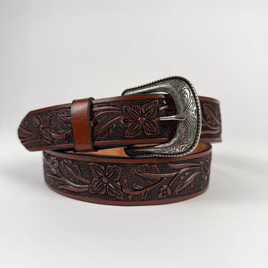 WOMENS WESTERN FLORAL TOOLED LEATHER BELT WITH ENGRAVED BUCKLE 003 FLOR CAFE REGULAR BUCKLE