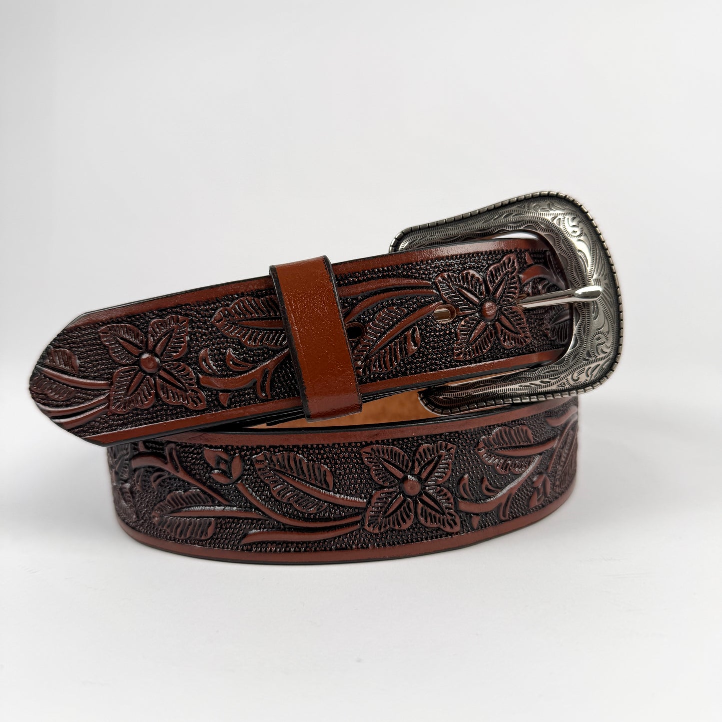 WOMENS WESTERN FLORAL TOOLED LEATHER BELT WITH ENGRAVED BUCKLE 003 FLOR CAFE REGULAR BUCKLE