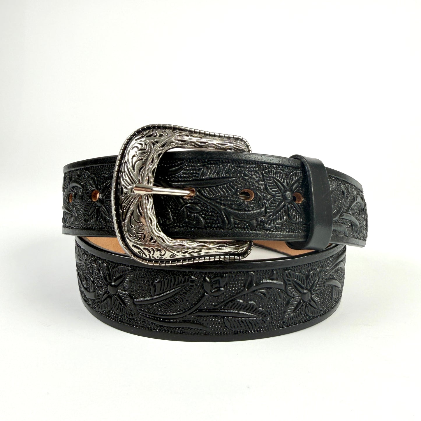 WOMENS WESTERN CLASSIC WESTERN BLACK LEATHER BELT FLORAL TOOLED DESIGN 003 FLOR NEGRO