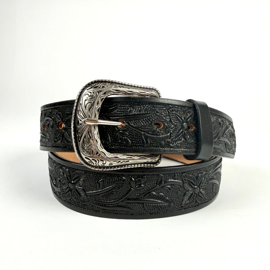 WOMENS WESTERN CLASSIC WESTERN BLACK LEATHER BELT FLORAL TOOLED DESIGN 003 FLOR NEGRO