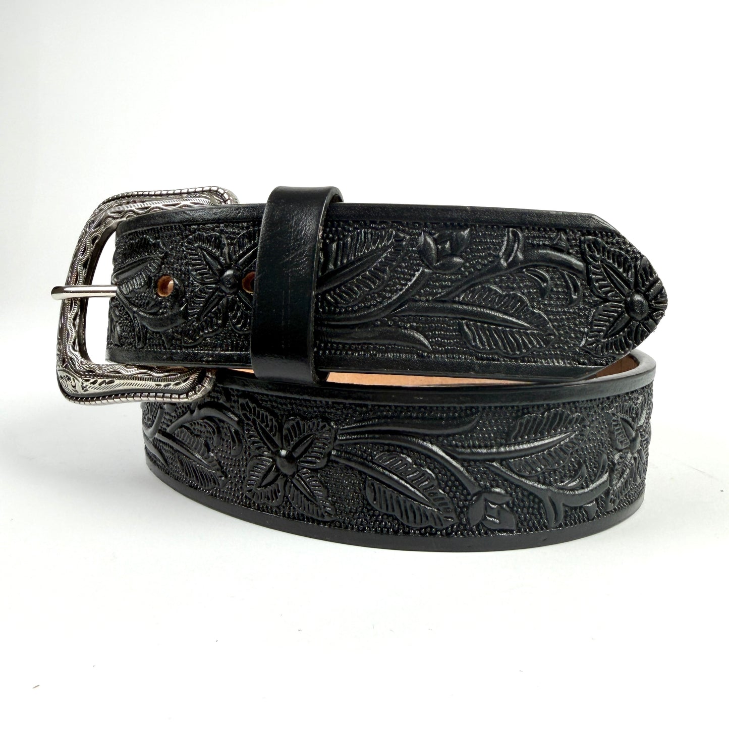 WOMENS WESTERN CLASSIC WESTERN BLACK LEATHER BELT FLORAL TOOLED DESIGN 003 FLOR NEGRO