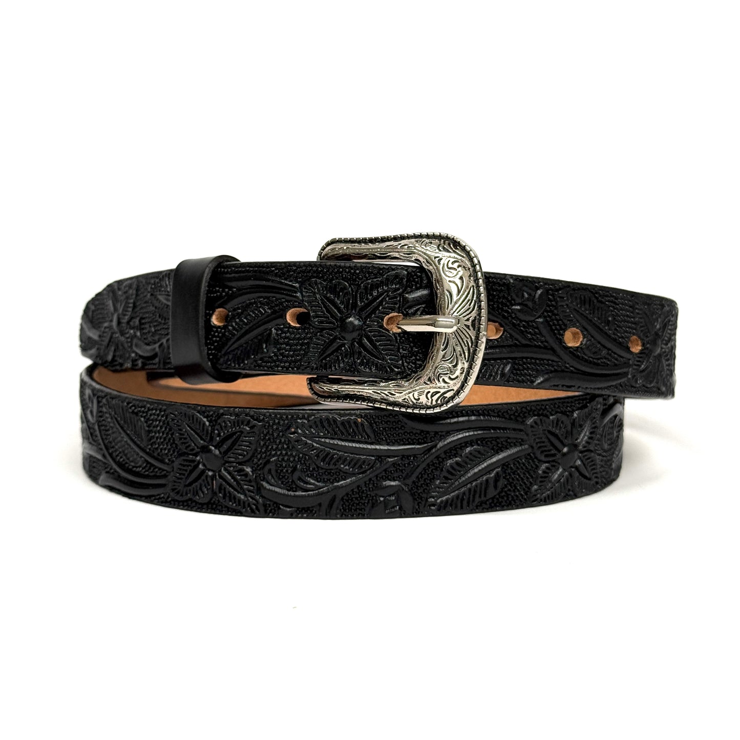 1" TOOLED LEATHER WESTERN BELT FOR WOMEN BLACK COWGIRL BELT FLORAL EMBOSSED BELT SLIM LEATHER BELT 004 TULIPAN NEGRO