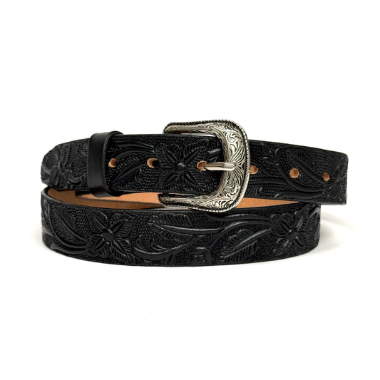 1" TOOLED LEATHER WESTERN BELT FOR WOMEN BLACK COWGIRL BELT FLORAL EMBOSSED BELT SLIM LEATHER BELT 004 TULIPAN NEGRO