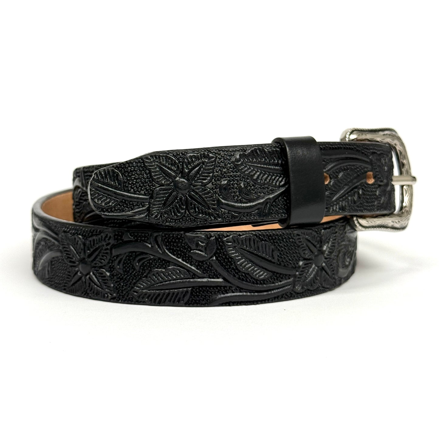 1" TOOLED LEATHER WESTERN BELT FOR WOMEN BLACK COWGIRL BELT FLORAL EMBOSSED BELT SLIM LEATHER BELT 004 TULIPAN NEGRO