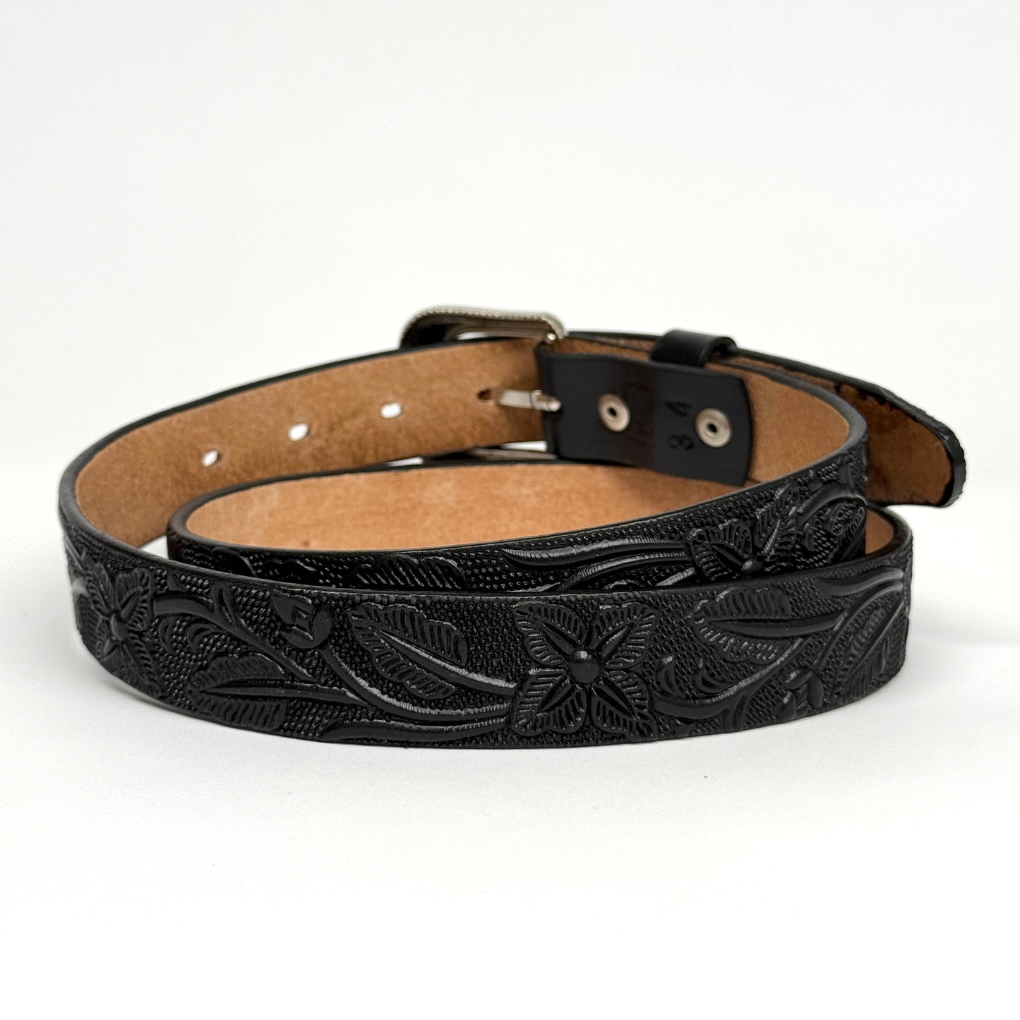 1" TOOLED LEATHER WESTERN BELT FOR WOMEN BLACK COWGIRL BELT FLORAL EMBOSSED BELT SLIM LEATHER BELT 004 TULIPAN NEGRO