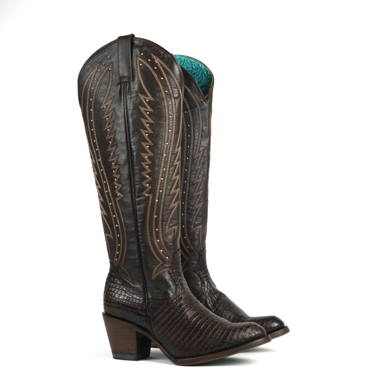 318 MAMBA CAFE WOMEN’S BROWN WESTERN BOOTS – CROC-EMBOSSED KNEE-HIGH COWGIRL BOOTS
