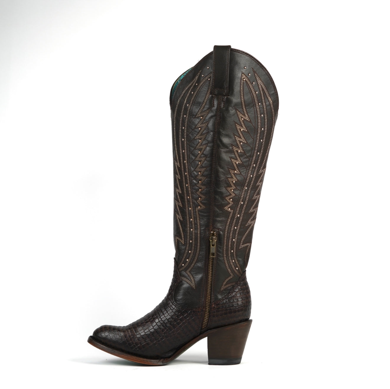 318 MAMBA CAFE WOMEN’S BROWN WESTERN BOOTS – CROC-EMBOSSED KNEE-HIGH COWGIRL BOOTS