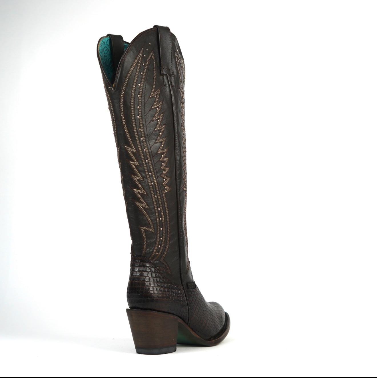 318 MAMBA CAFE WOMEN’S BROWN WESTERN BOOTS – CROC-EMBOSSED KNEE-HIGH COWGIRL BOOTS