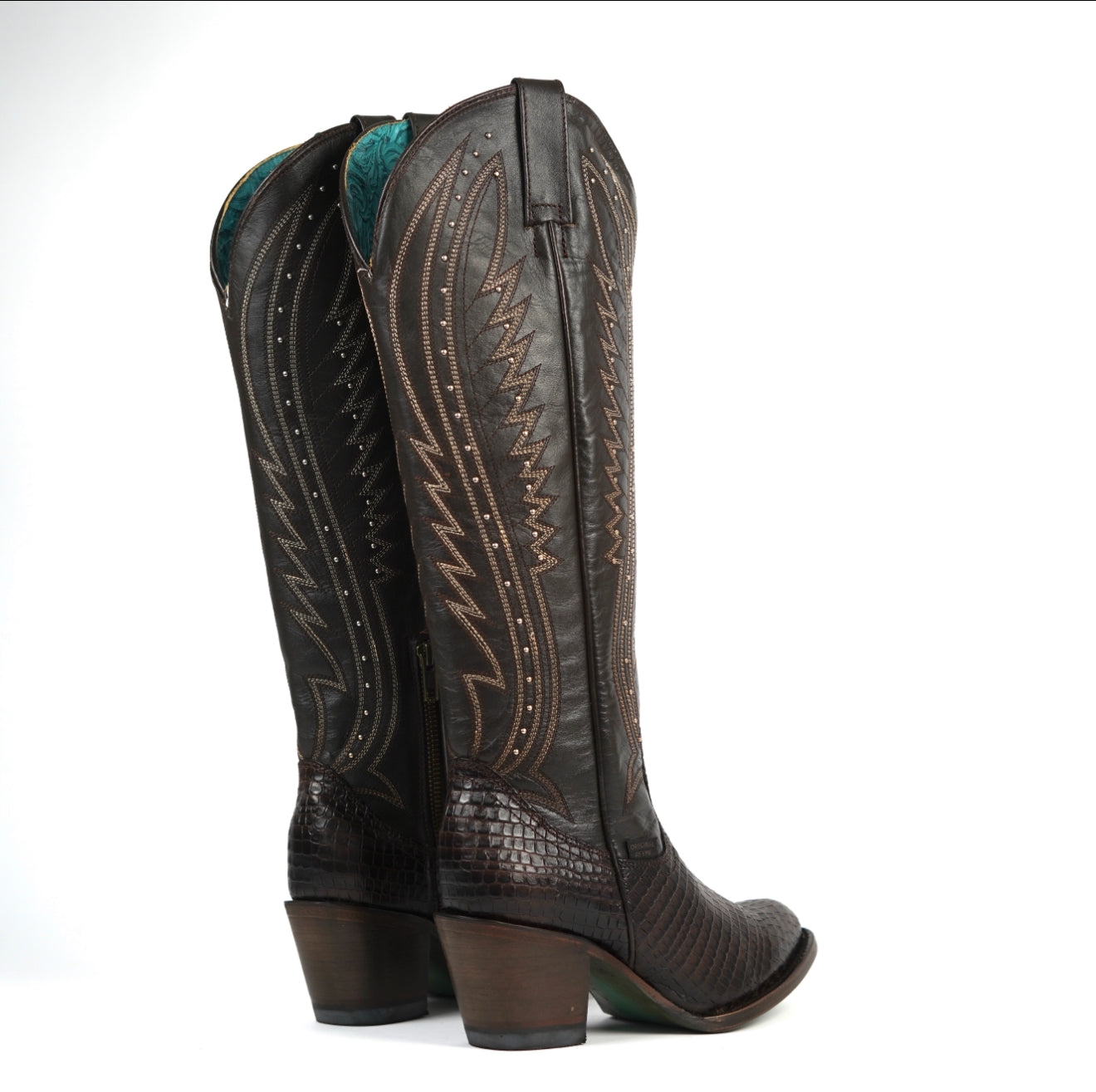 318 MAMBA CAFE WOMEN’S BROWN WESTERN BOOTS – CROC-EMBOSSED KNEE-HIGH COWGIRL BOOTS